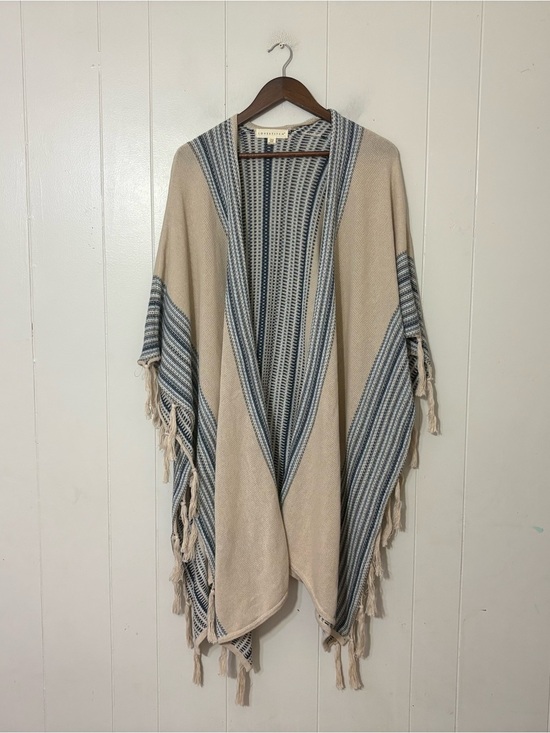 lovestitch Sweaters - Lovestitch Striped Knit Kimono Poncho Cardigan Cream Blue One Size Boho